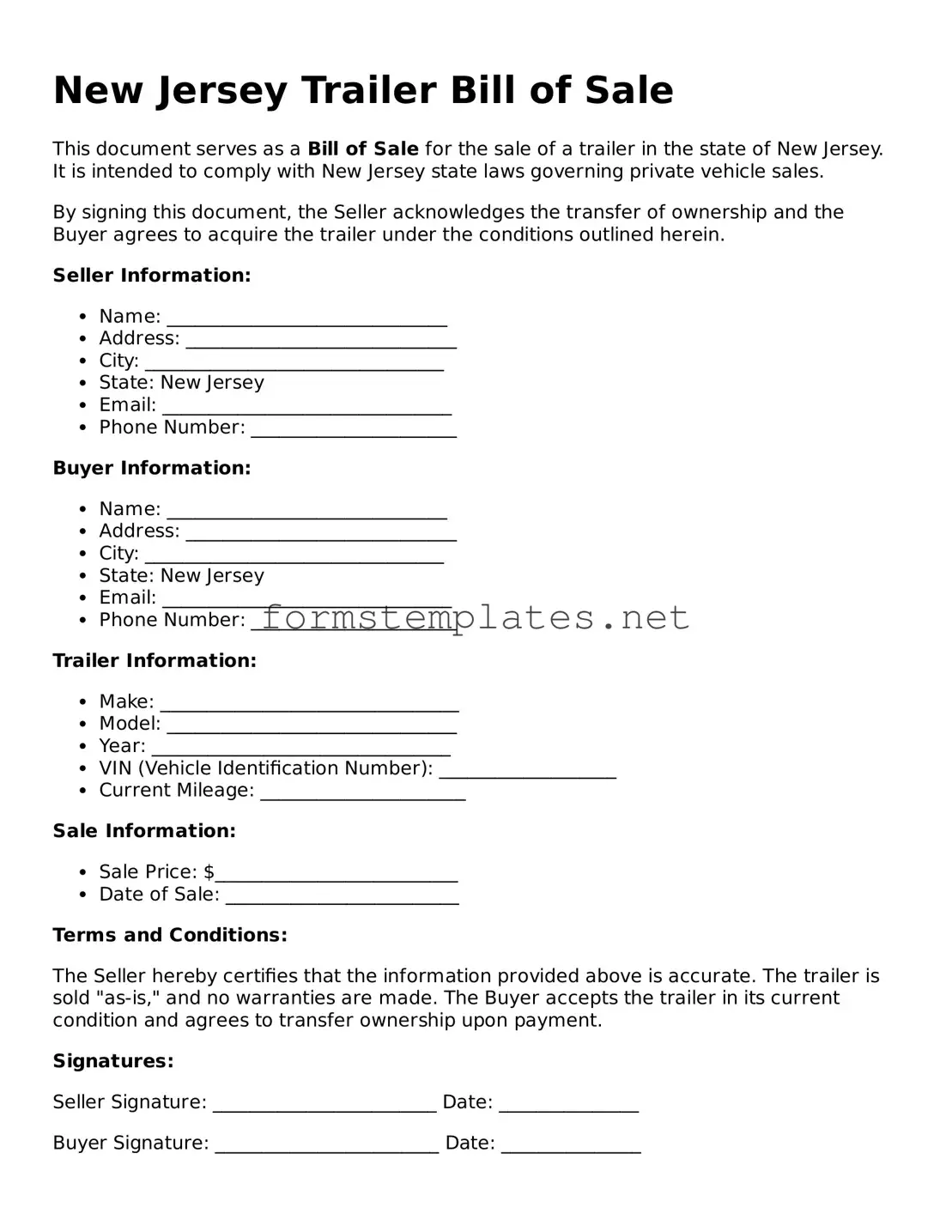 Attorney-Approved New Jersey Trailer Bill of Sale Template