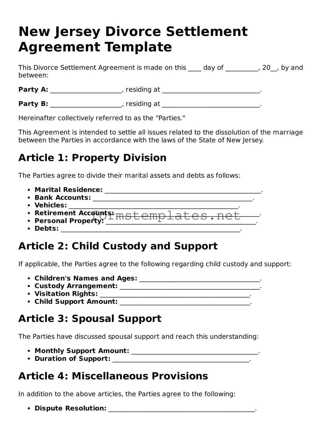 Attorney-Approved New Jersey Divorce Settlement Agreement Template