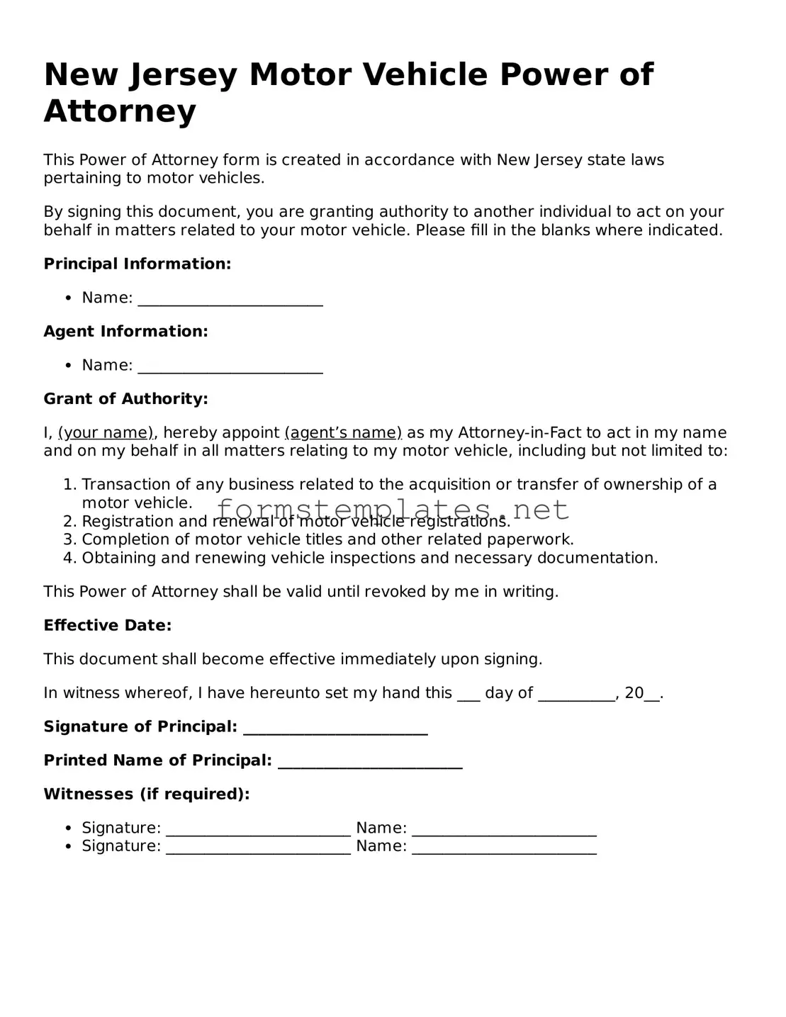 Attorney-Approved New Jersey Motor Vehicle Power of Attorney Template