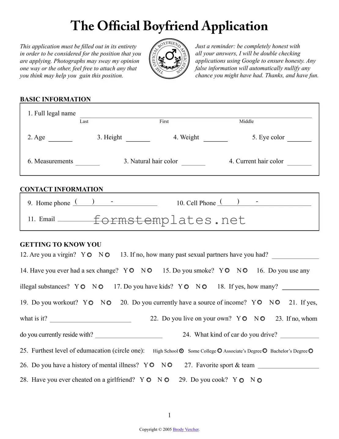 Free Boyfriend application form Template