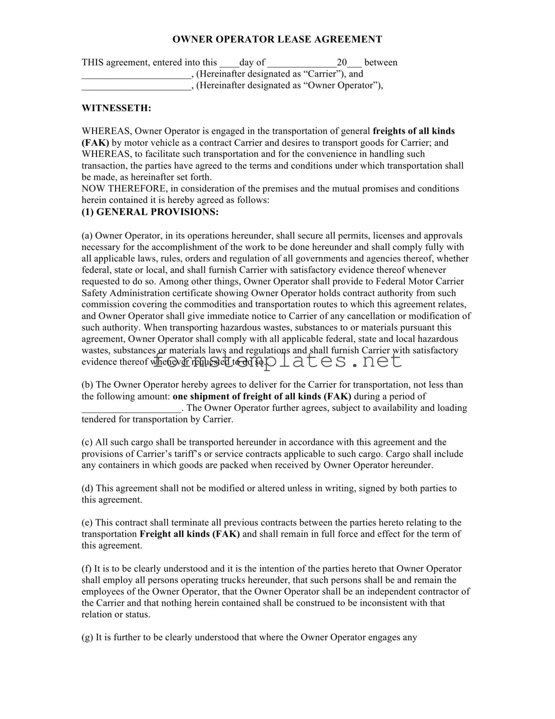 Free Owner Operator Lease Agreement Template