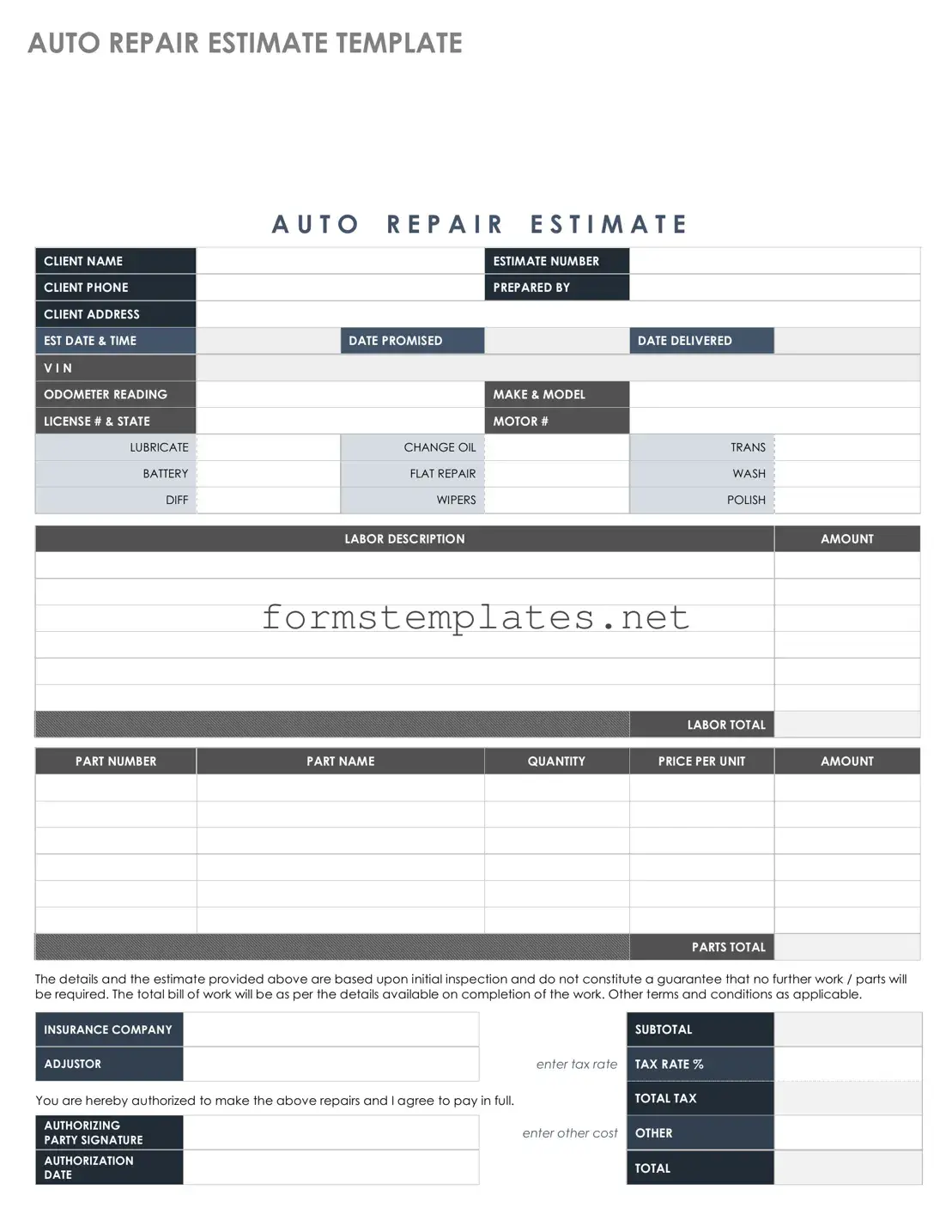 Free Auto Repair Estimate Template