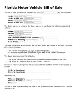 Attorney-Approved Florida Motor Vehicle Bill of Sale Template