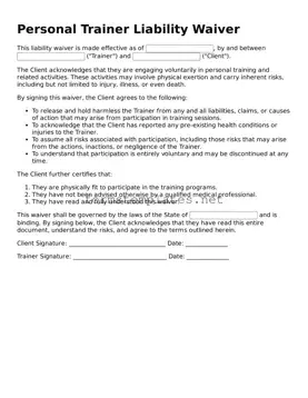 Attorney-Verified Personal Trainer Liability Waiver Form