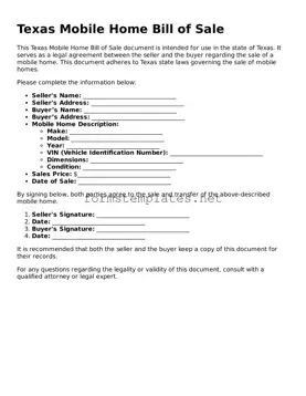 Attorney-Approved Texas Mobile Home Bill of Sale Template