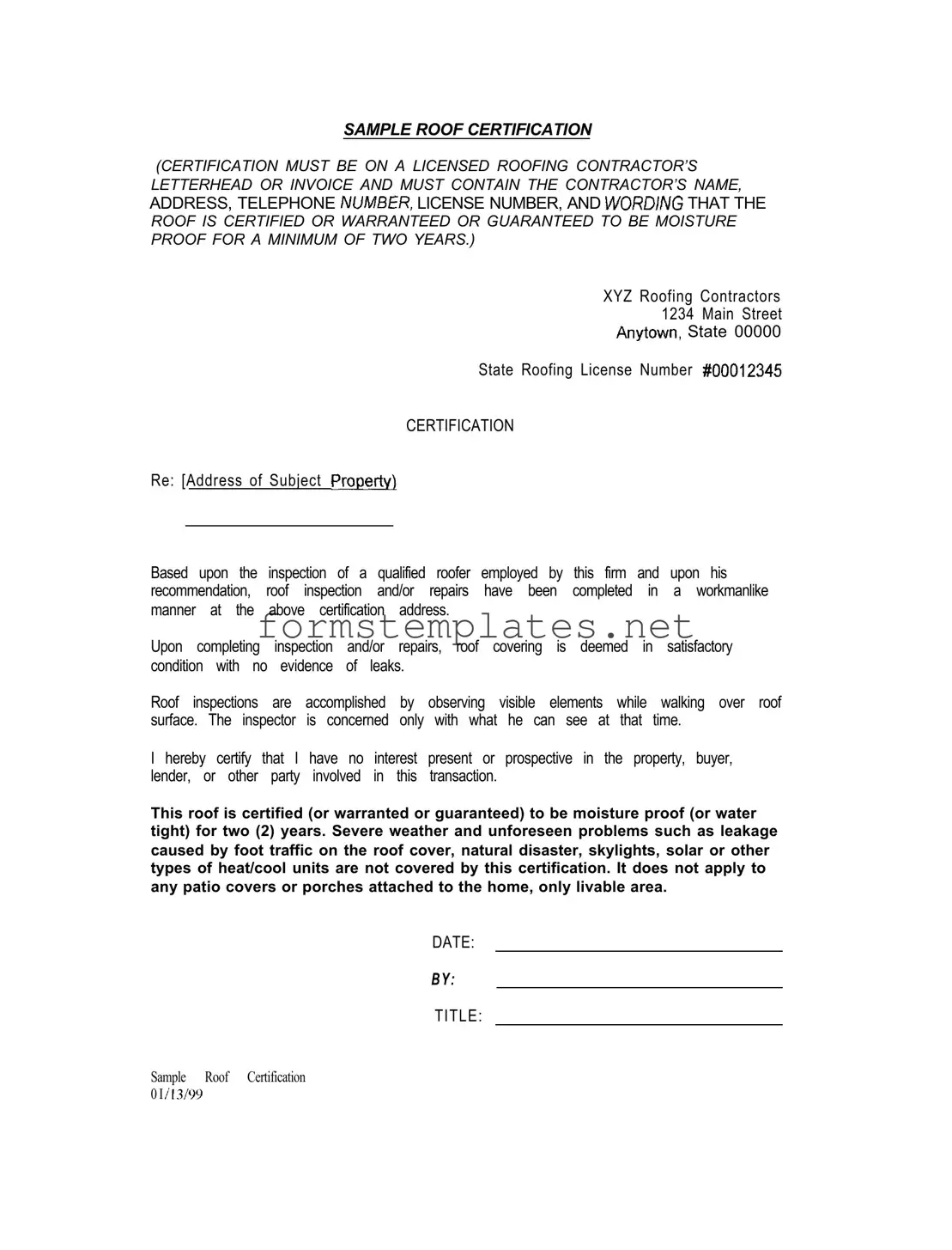 Free Sample Roof Certification Template