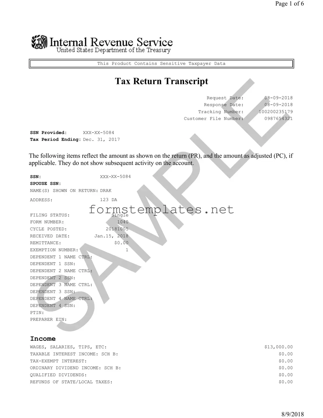 Free Sample Tax Return Transcript Template