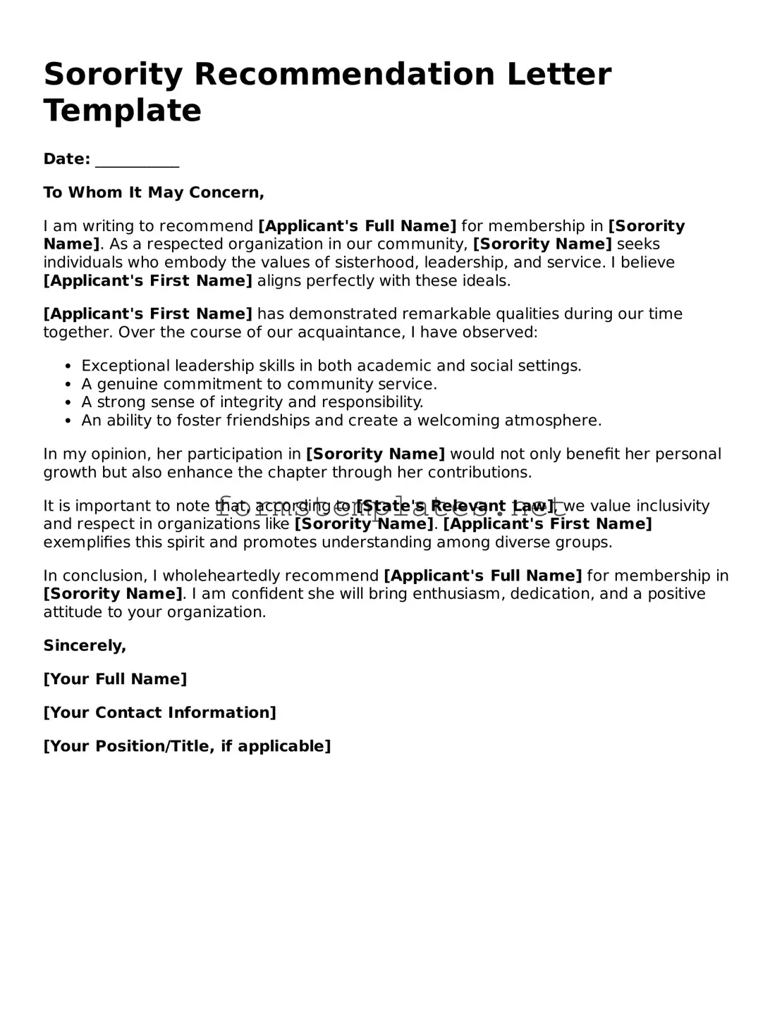 Attorney-Verified Sorority Recommendation Letter Form