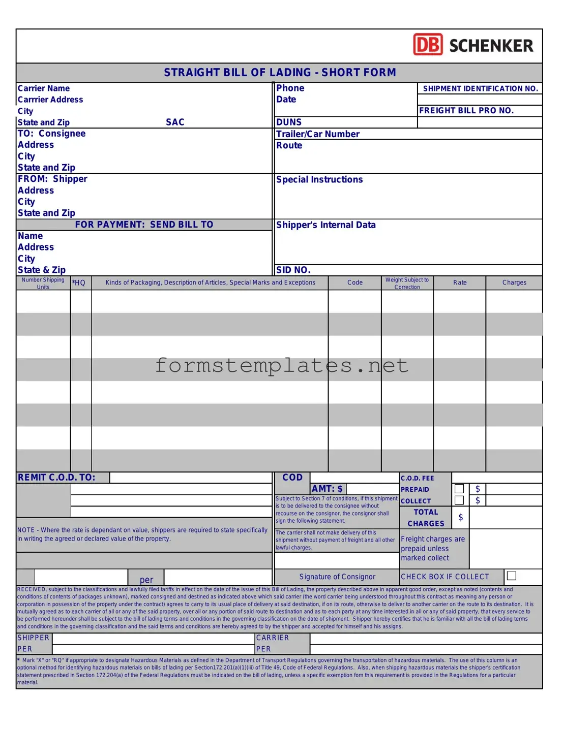 Free Straight Bill Of Lading Template