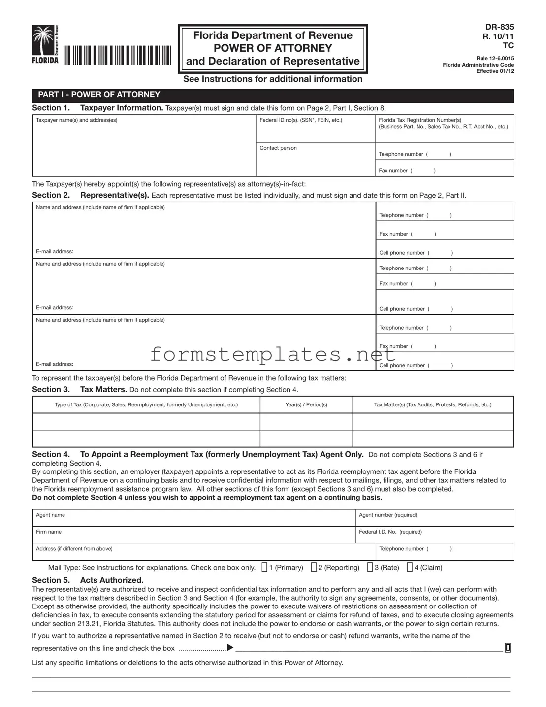 Free Tax POA dr 835 Template