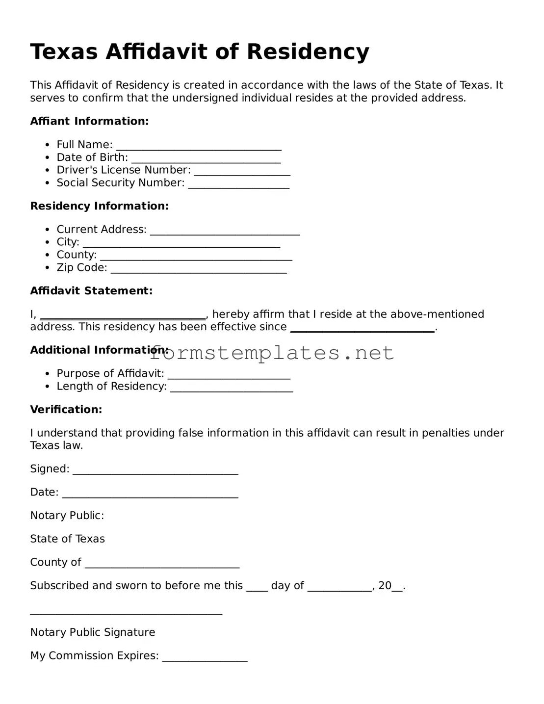 Attorney-Approved Texas Affidavit of Residency Template