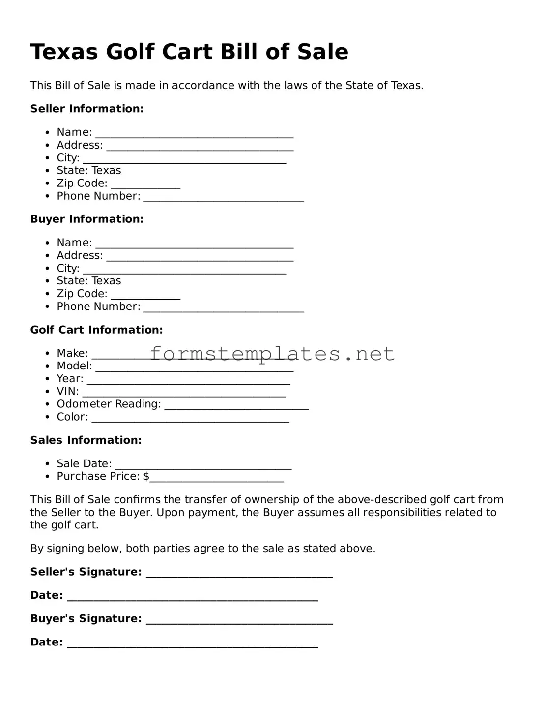 Attorney-Approved Texas Golf Cart Bill of Sale Template