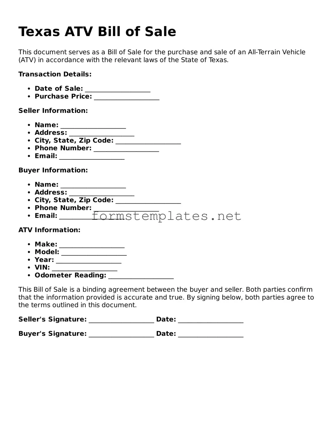 Attorney-Approved Texas ATV Bill of Sale Template