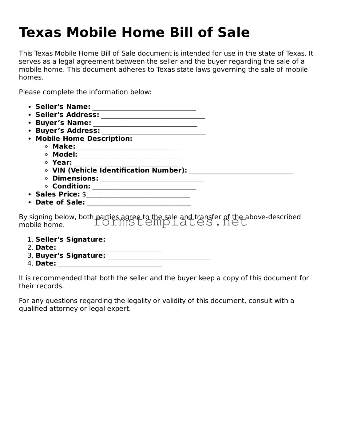 Attorney-Approved Texas Mobile Home Bill of Sale Template