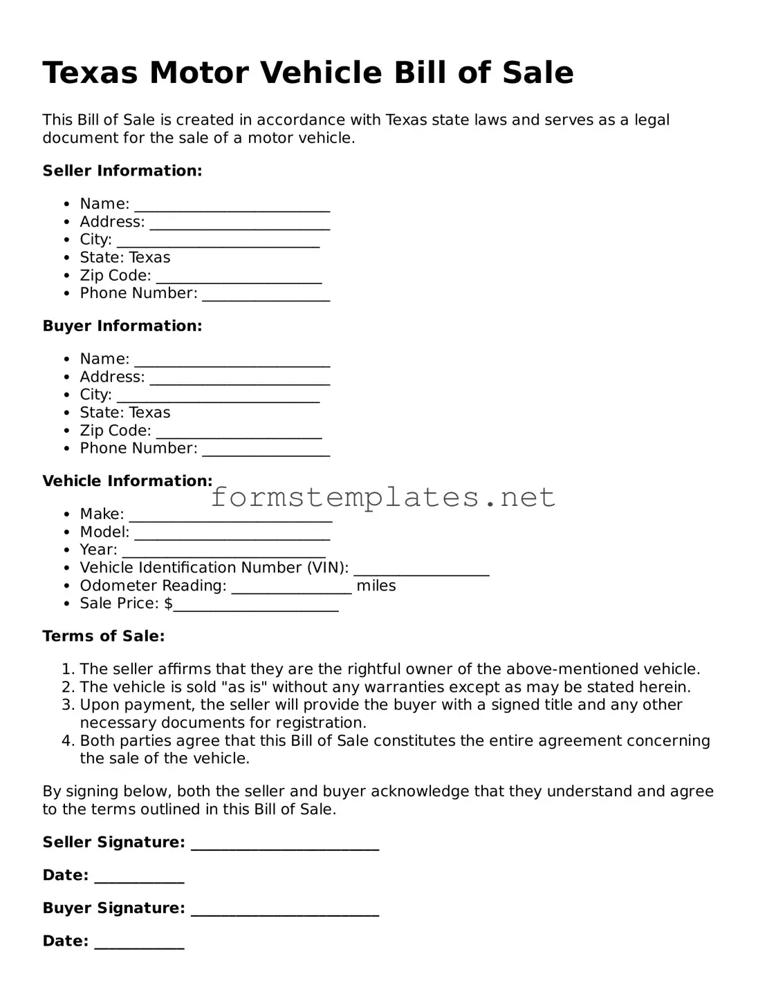 Attorney-Approved Texas Motor Vehicle Bill of Sale Template