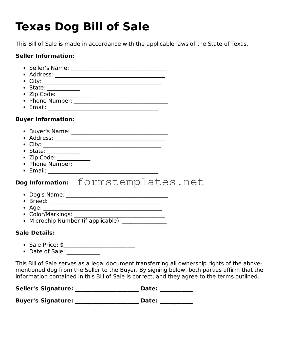 Attorney-Approved Texas Dog Bill of Sale Template