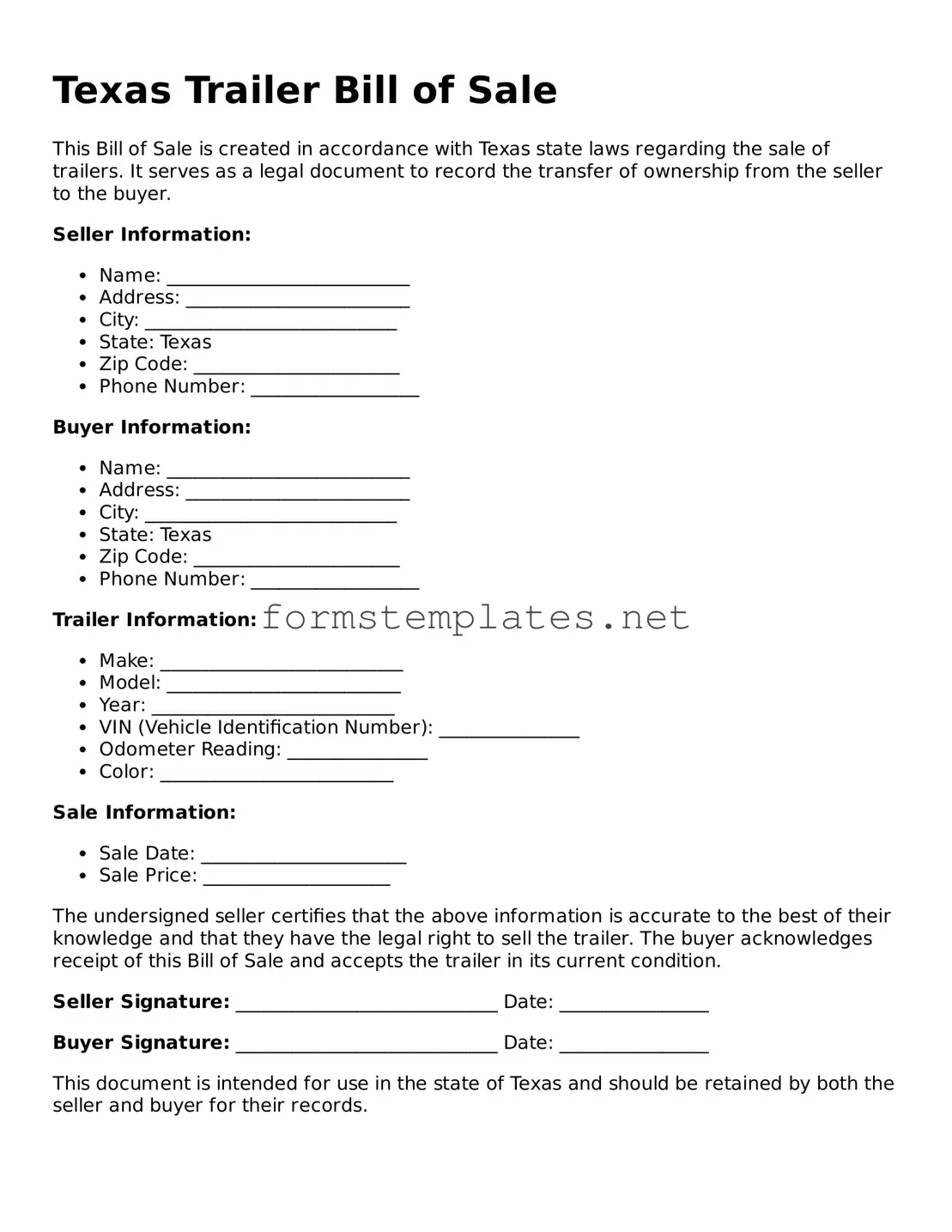 Attorney-Approved Texas Trailer Bill of Sale Template
