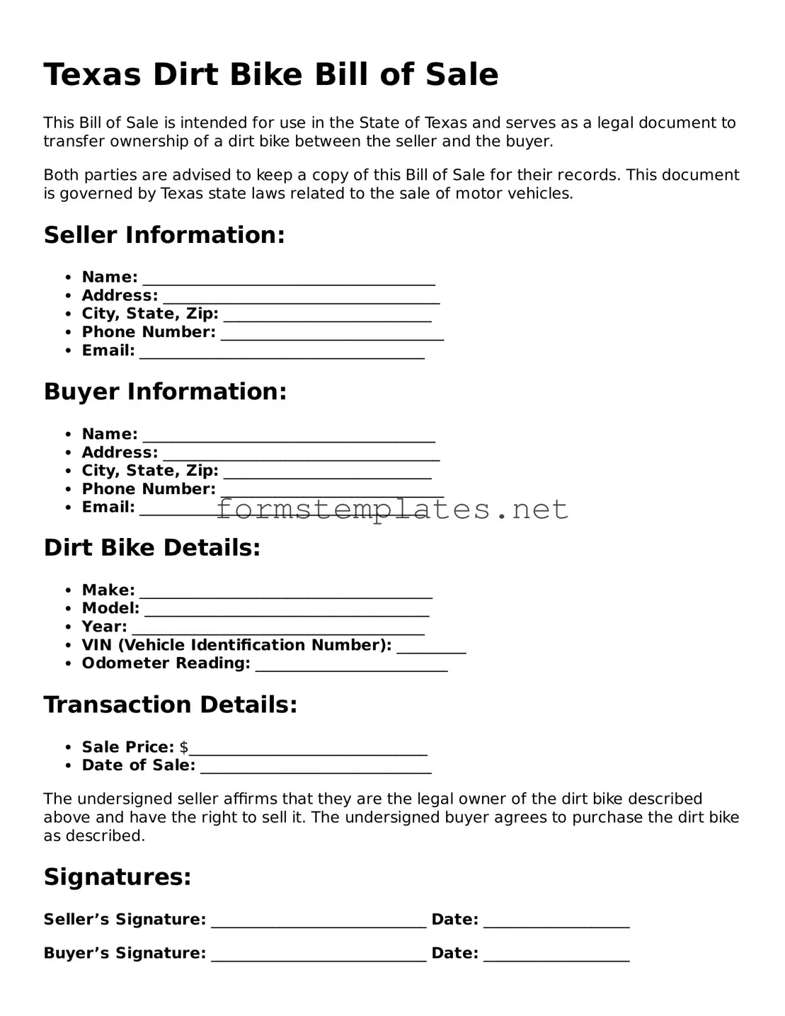Attorney-Approved Texas Dirt Bike Bill of Sale Template