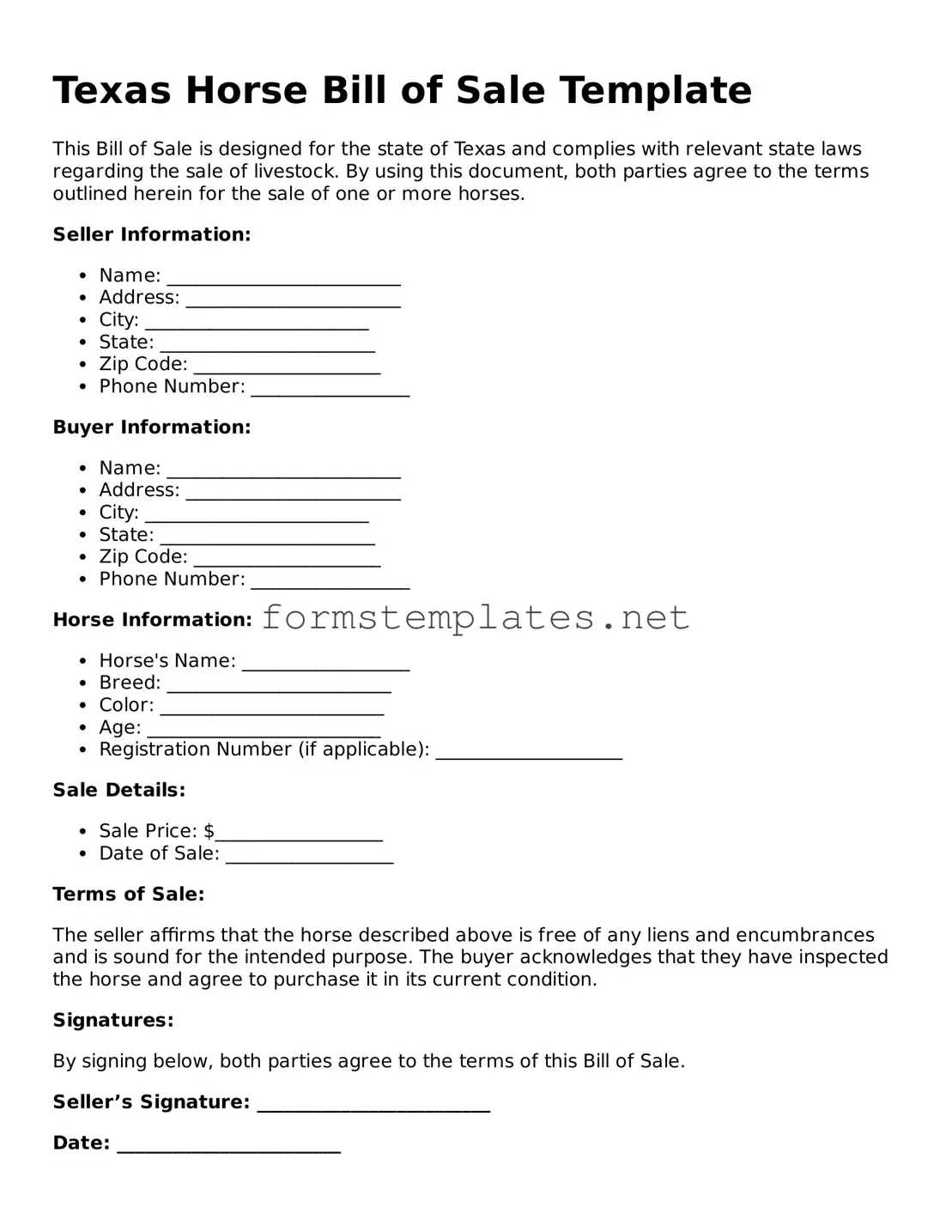 Attorney-Approved Texas Horse Bill of Sale Template