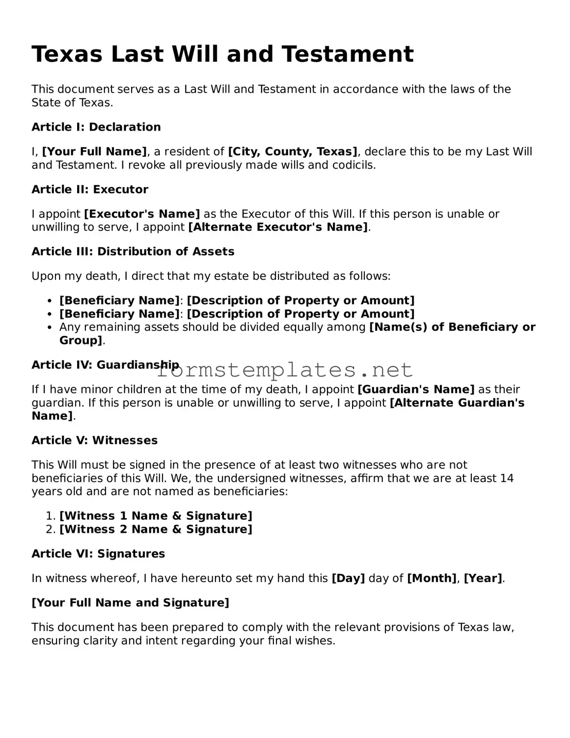 Attorney-Approved Texas Last Will and Testament Template