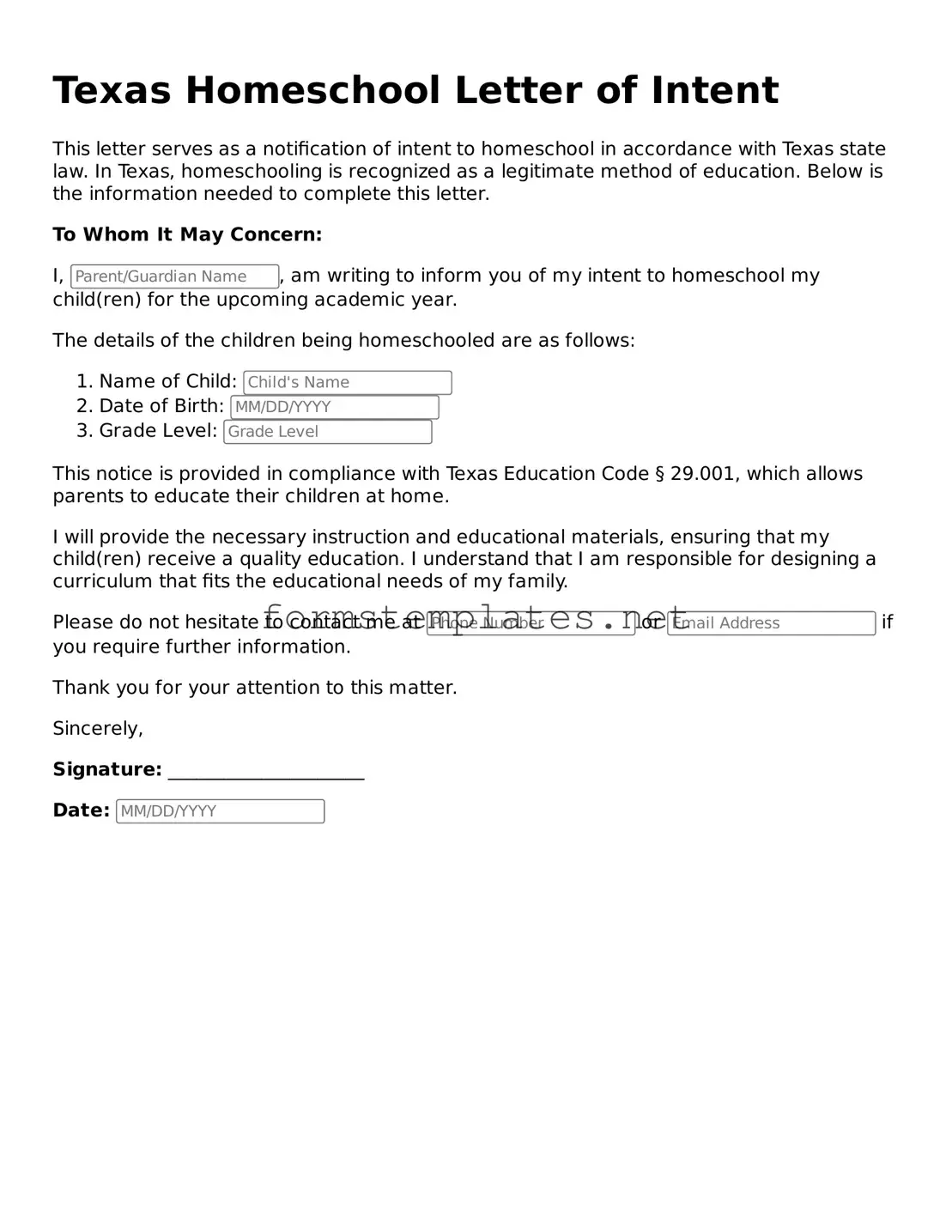 Attorney-Approved Texas Homeschool Letter of Intent Template