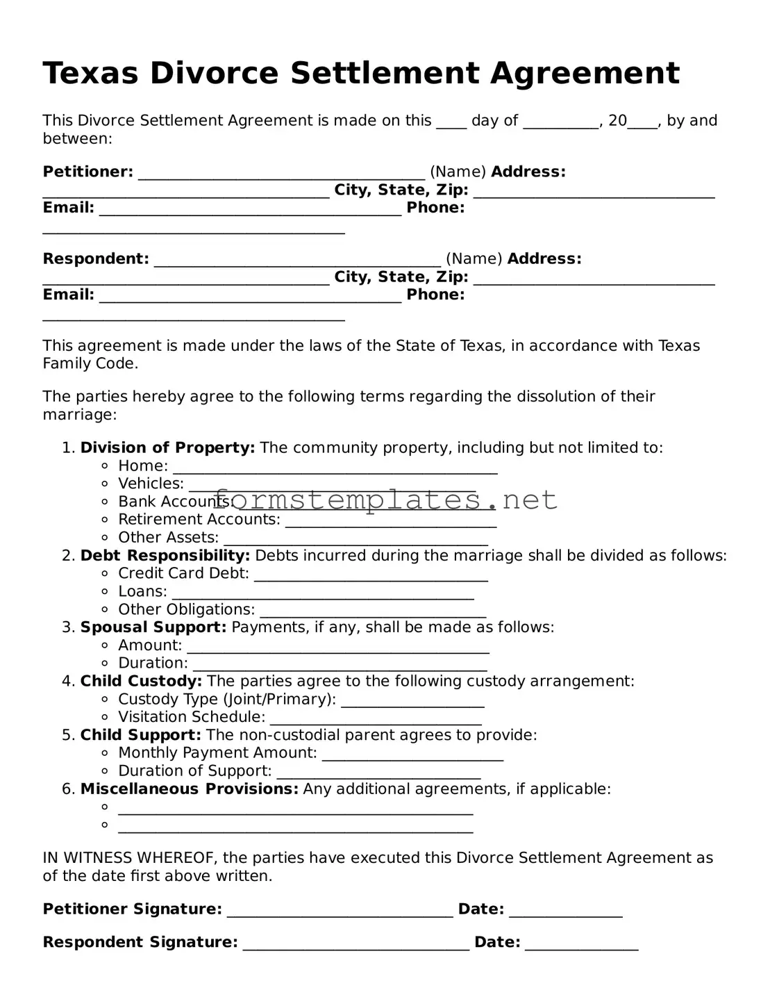 Attorney-Approved Texas Divorce Settlement Agreement Template