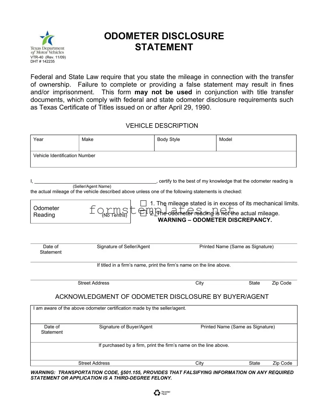 Free Texas Odometer Statement Template