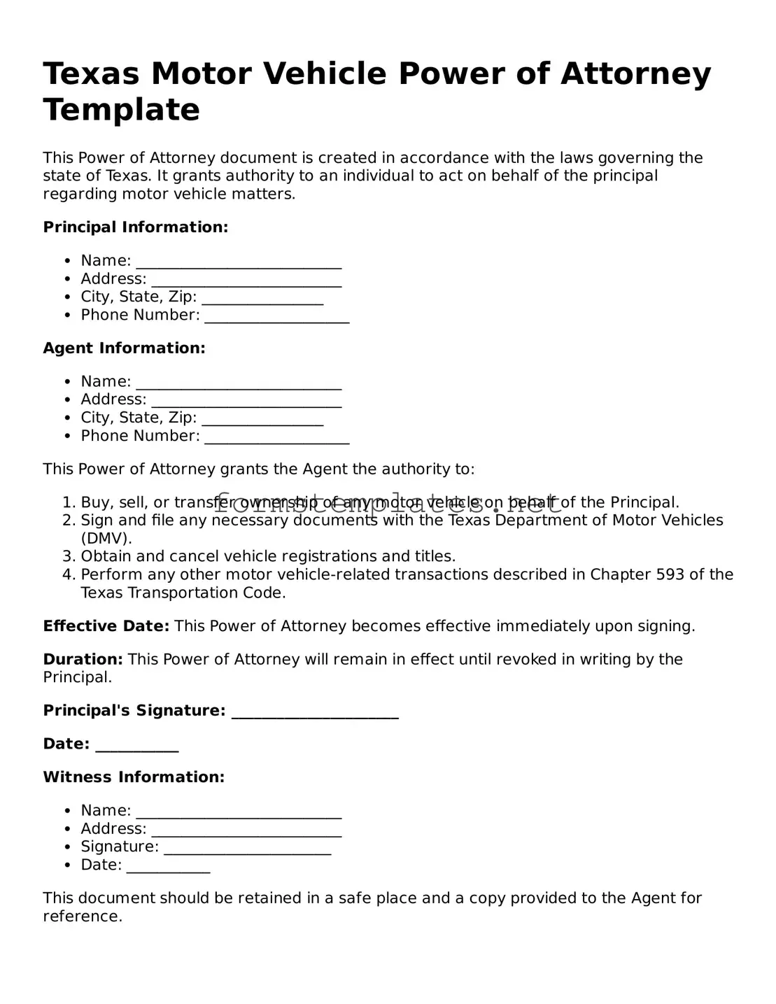 Attorney-Approved Texas Motor Vehicle Power of Attorney Template