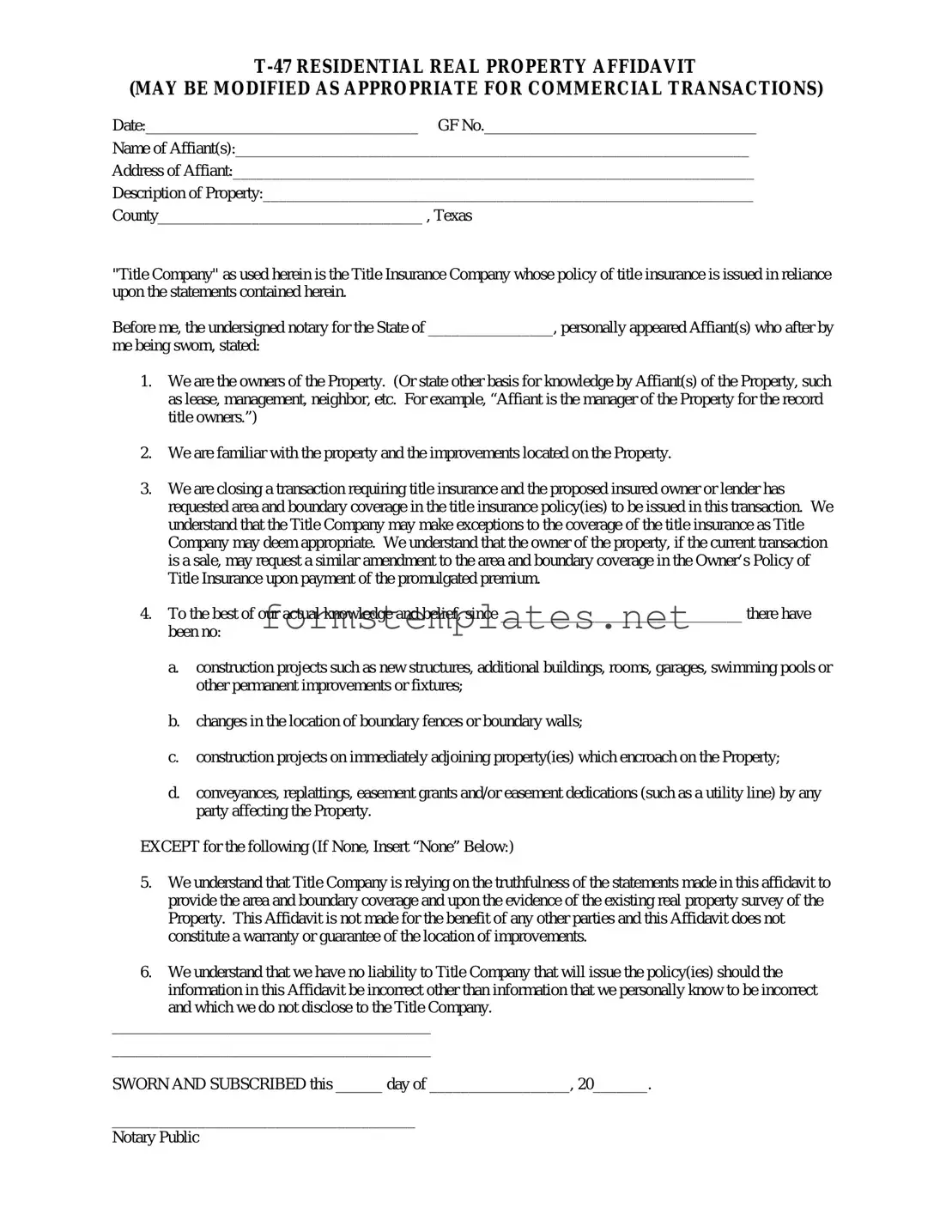 Free Texas residential property affidavit T-47 Template