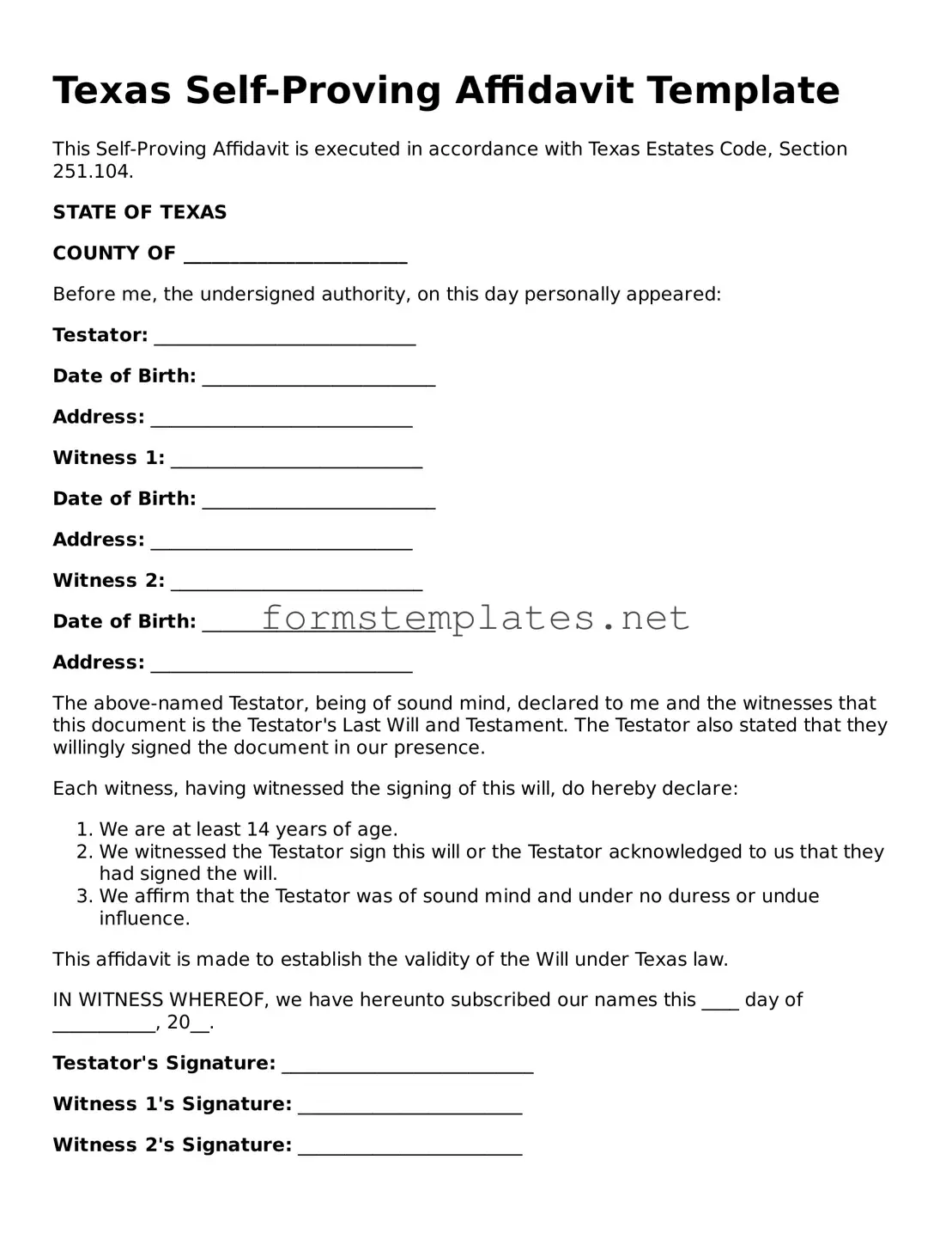 Attorney-Approved Texas Self-Proving Affidavit Template
