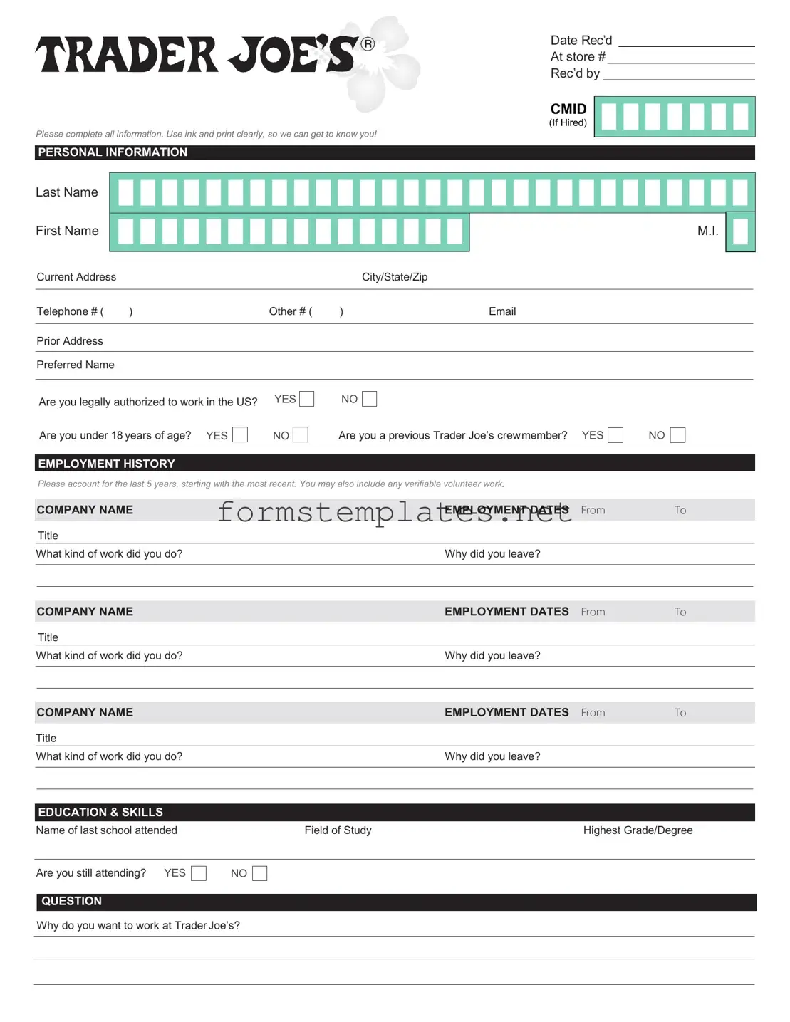 Free Trader Joe's application Template