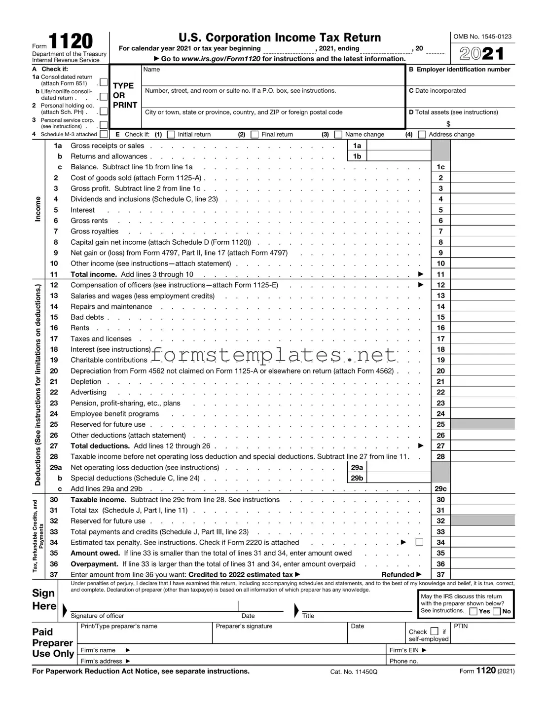 Free IRS 1120 Template