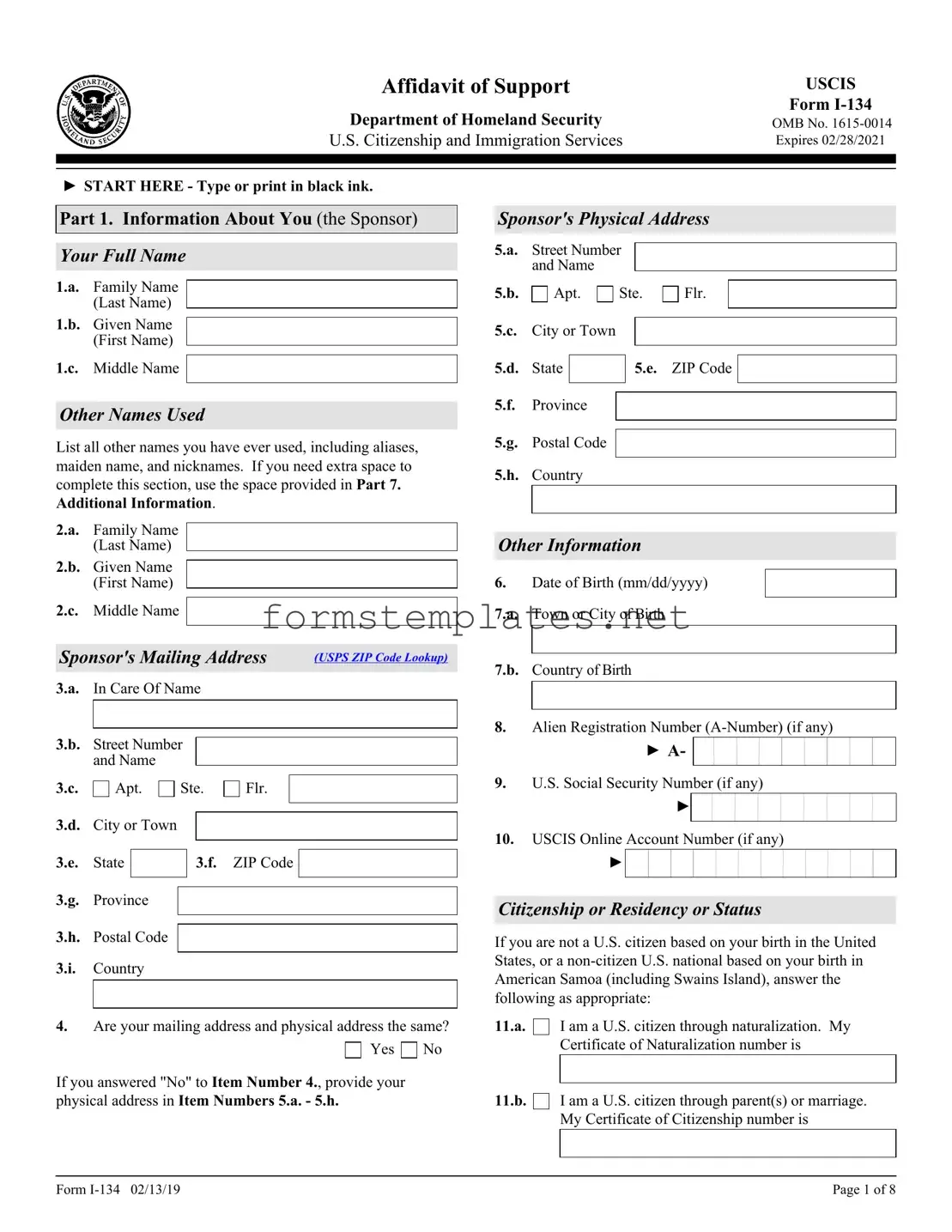 Free USCIS I-134 Template