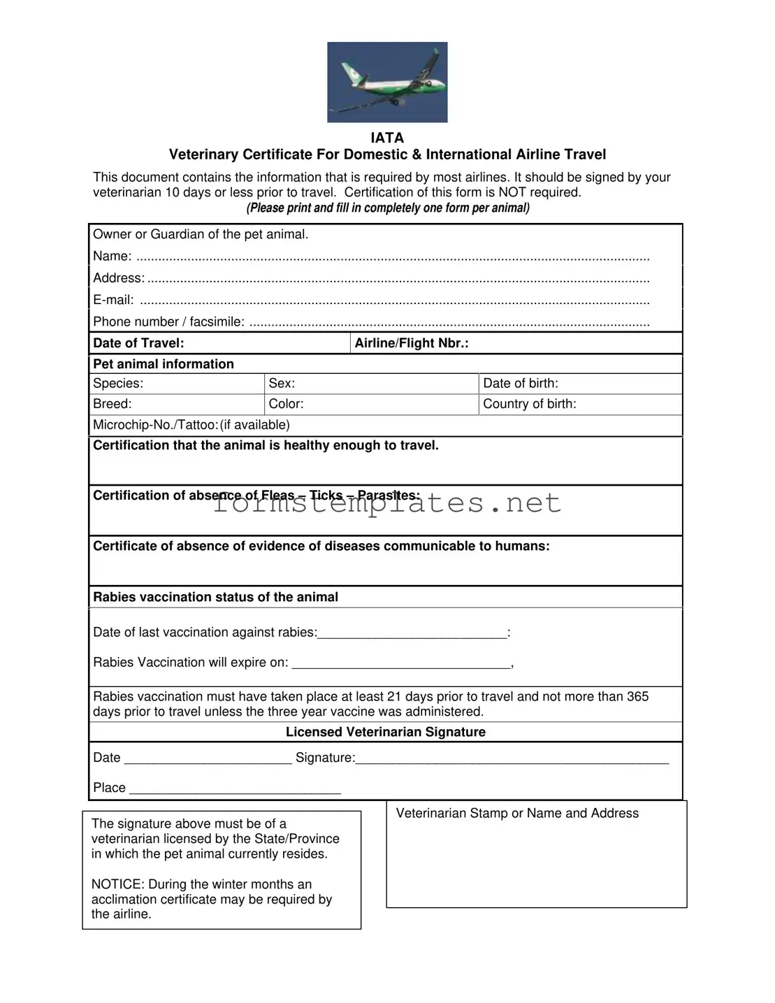 Free Veterinary Certificate Travel Template