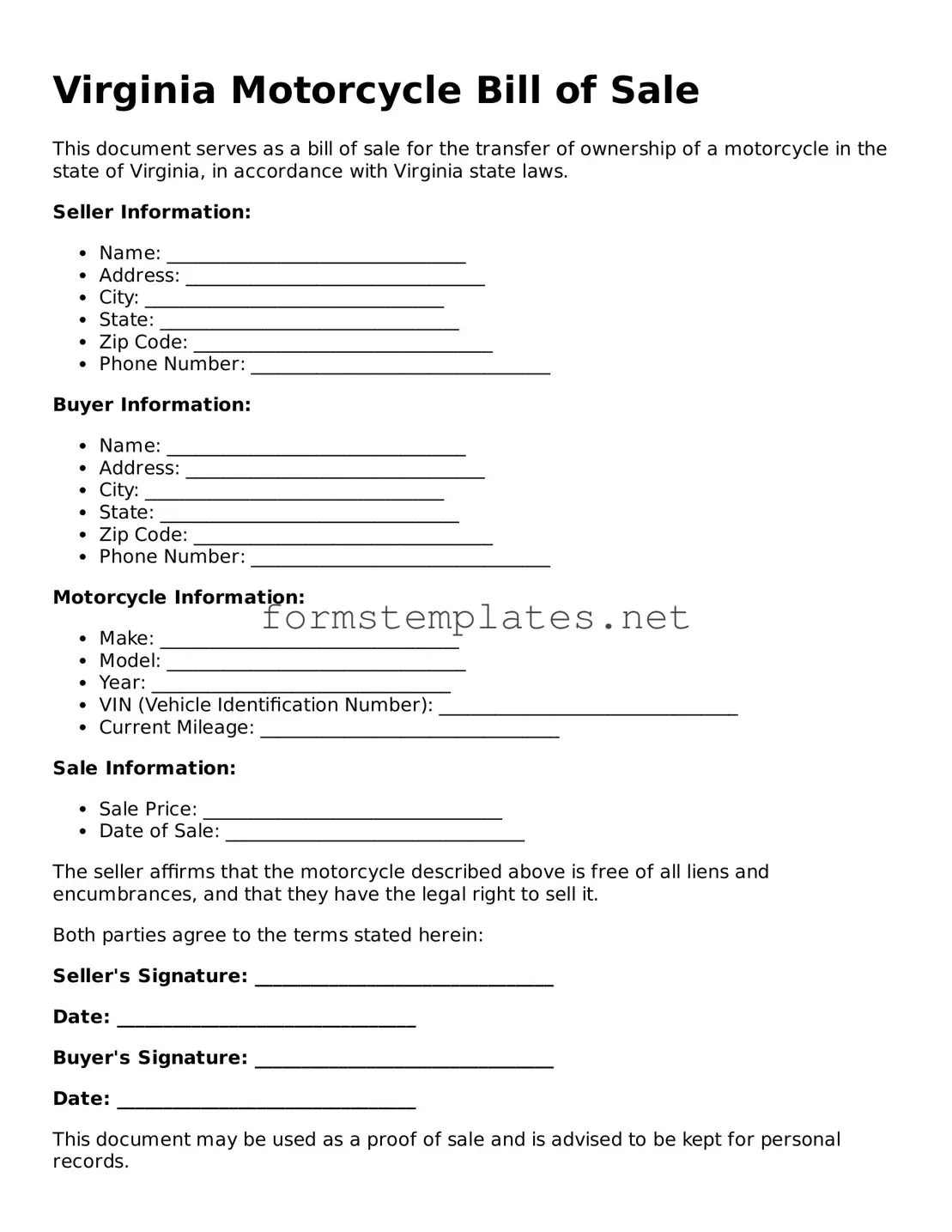 Attorney-Approved Virginia Motorcycle Bill of Sale Template