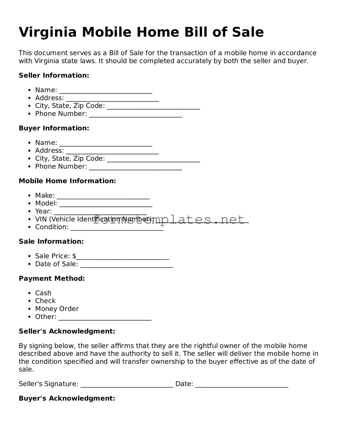 Attorney-Approved Virginia Mobile Home Bill of Sale Template