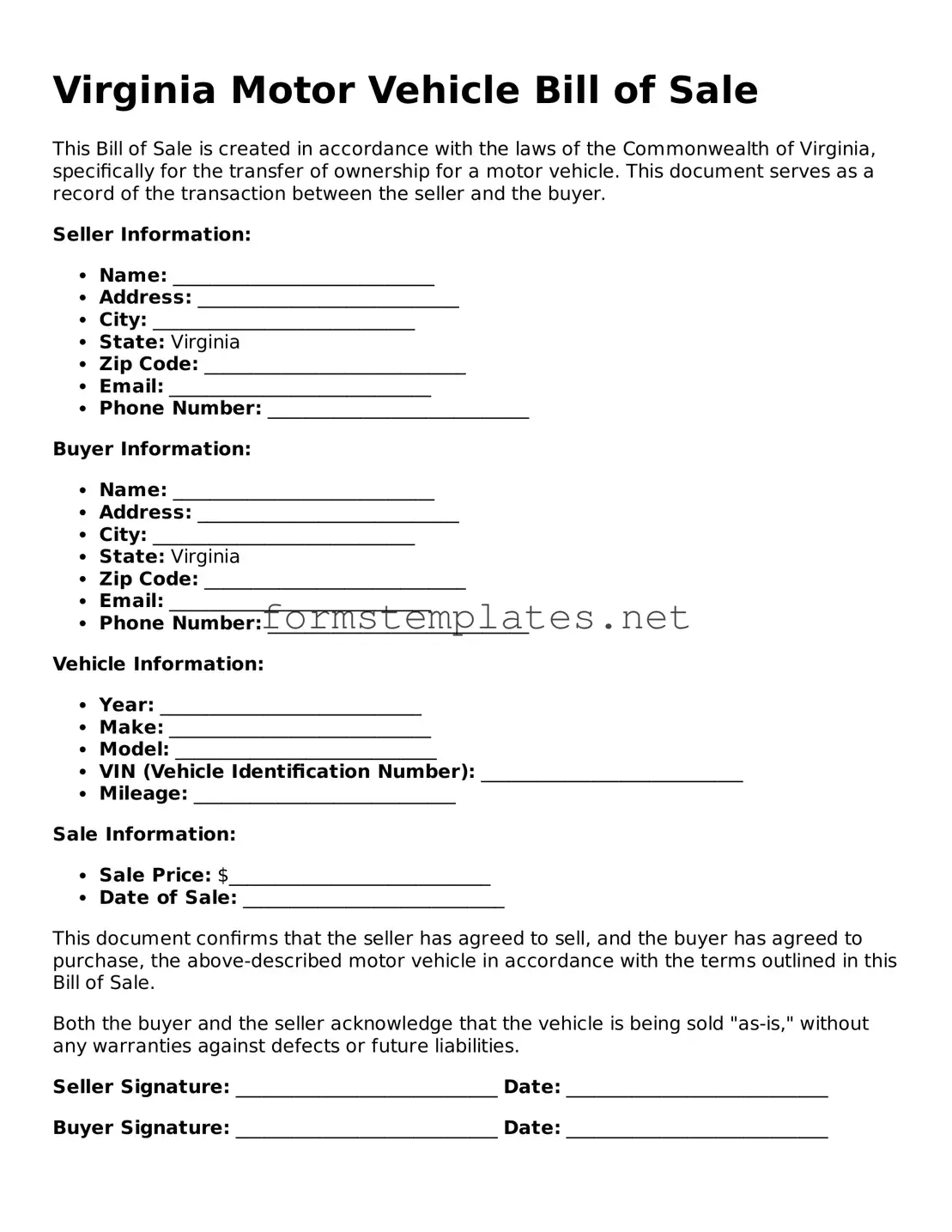 Attorney-Approved Virginia Motor Vehicle Bill of Sale Template