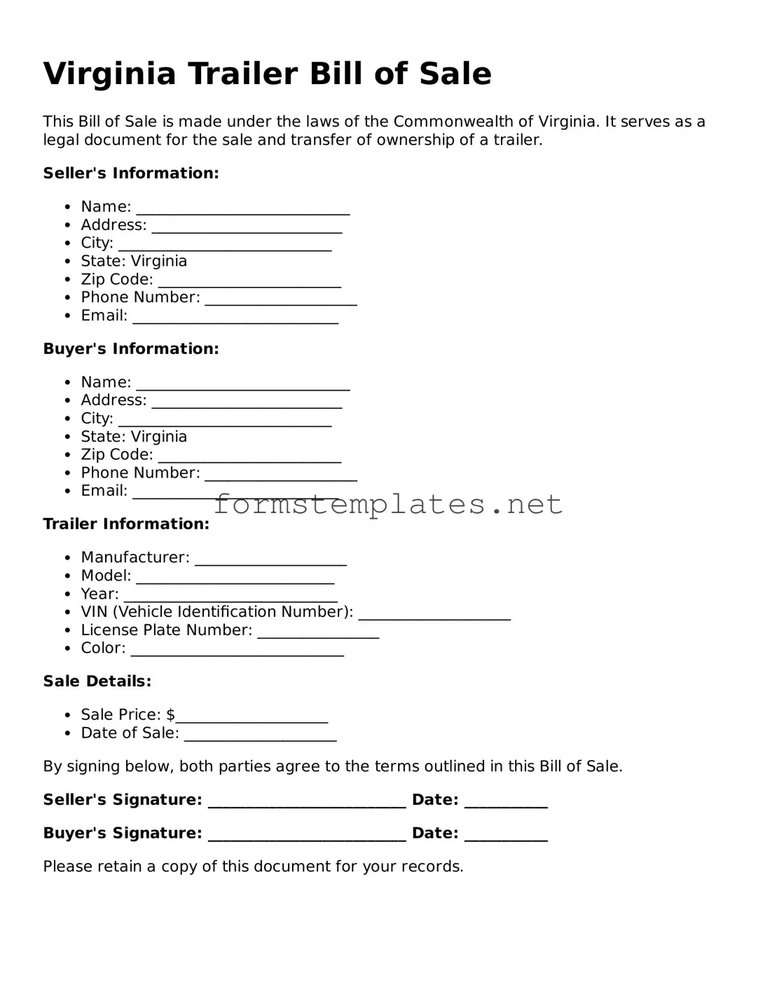 Attorney-Approved Virginia Trailer Bill of Sale Template