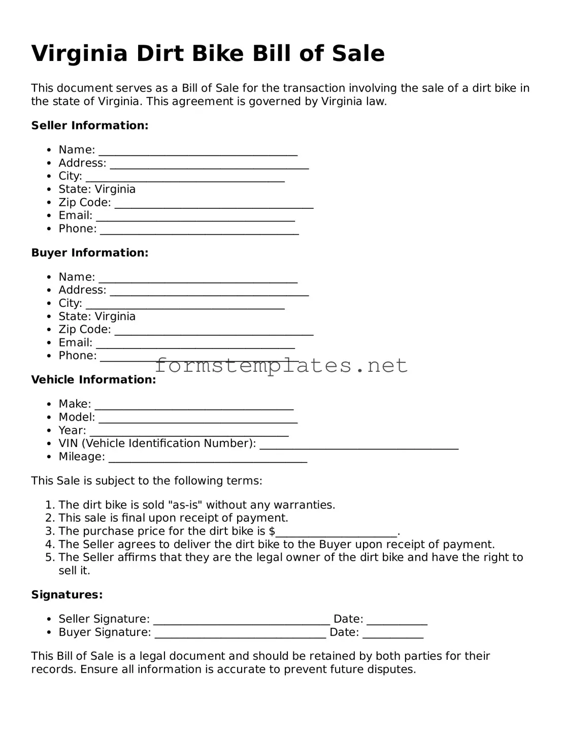 Attorney-Approved Virginia Dirt Bike Bill of Sale Template