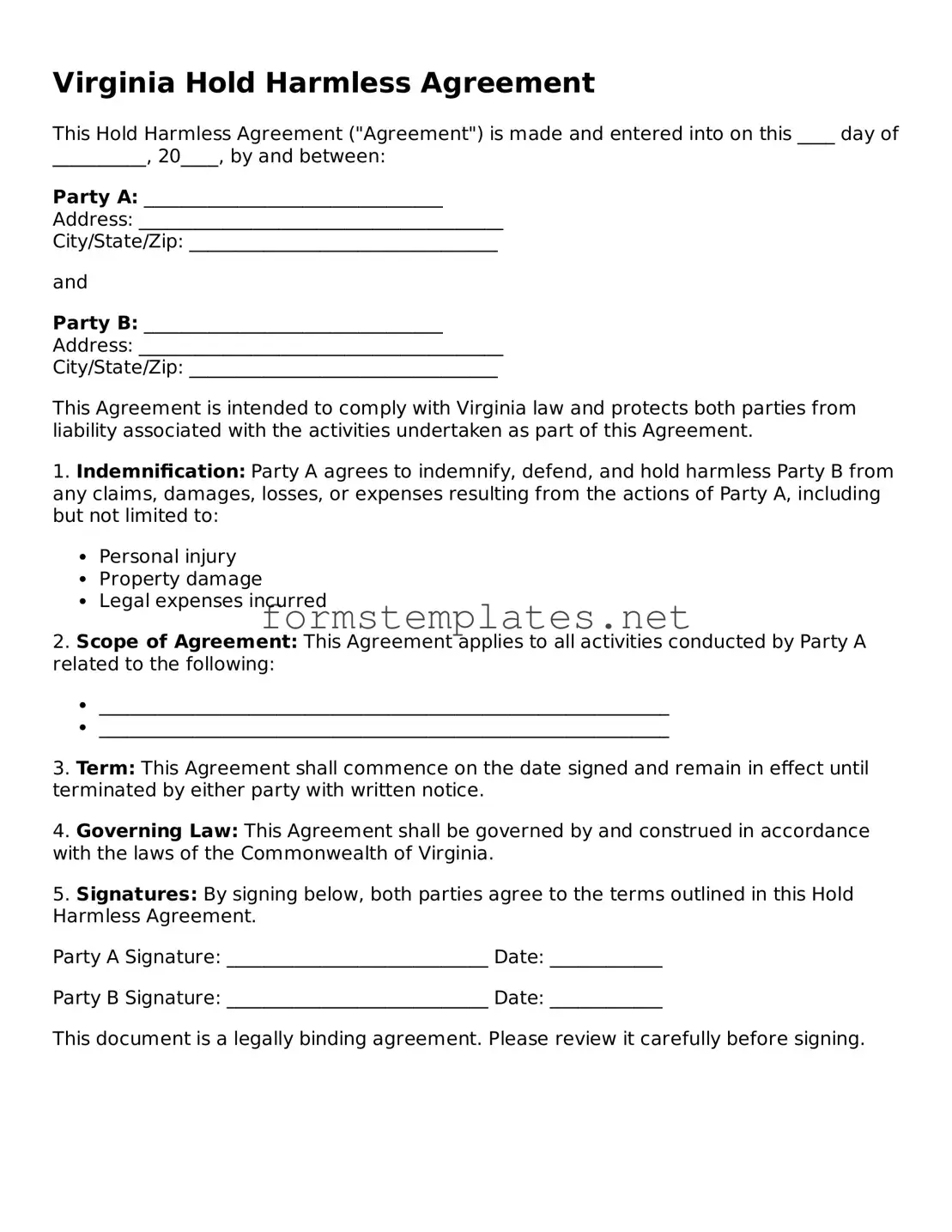 Attorney-Approved Virginia Hold Harmless Agreement Template