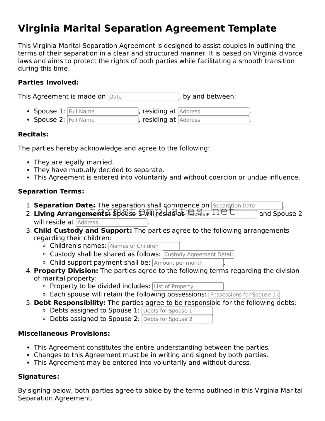 Attorney-Approved Virginia Marital Separation Agreement Template