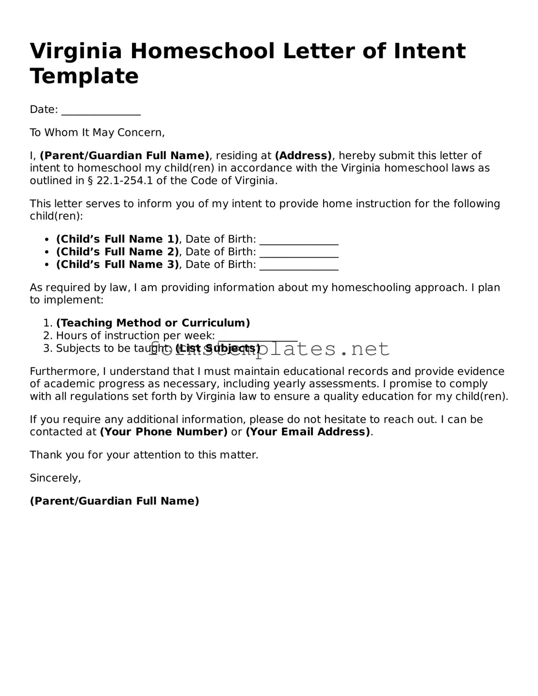 Attorney-Approved Virginia Homeschool Letter of Intent Template
