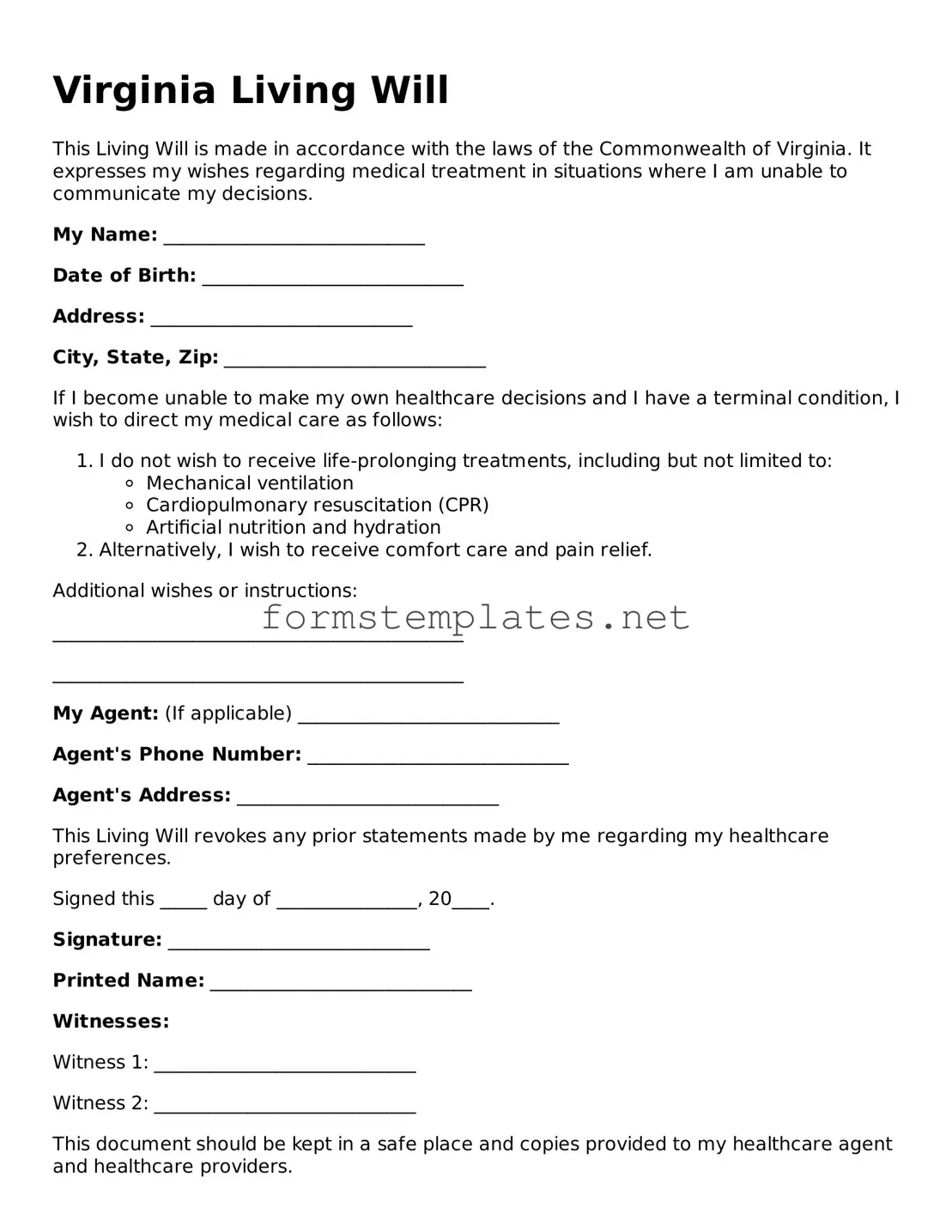 Attorney-Approved Virginia Living Will Template