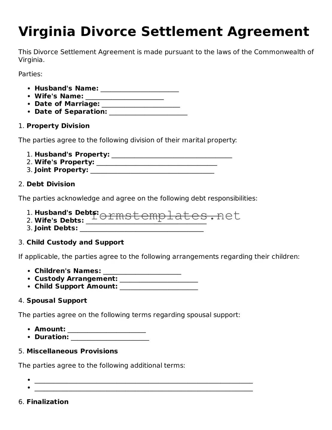 Attorney-Approved Virginia Divorce Settlement Agreement Template
