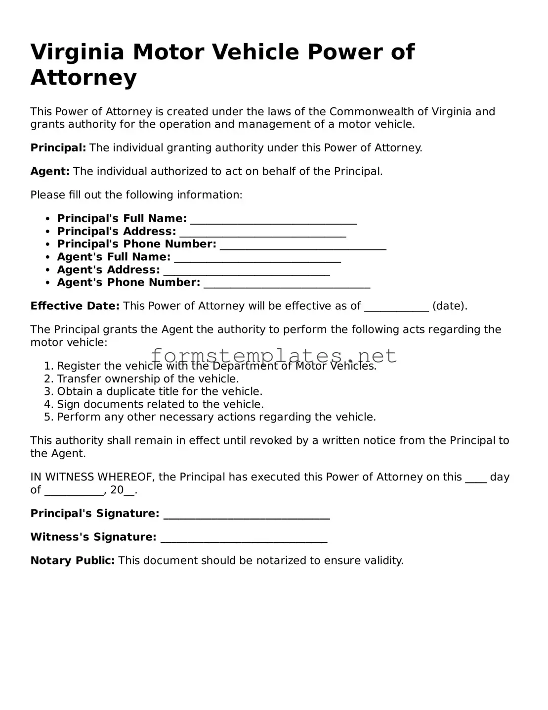 Attorney-Approved Virginia Motor Vehicle Power of Attorney Template