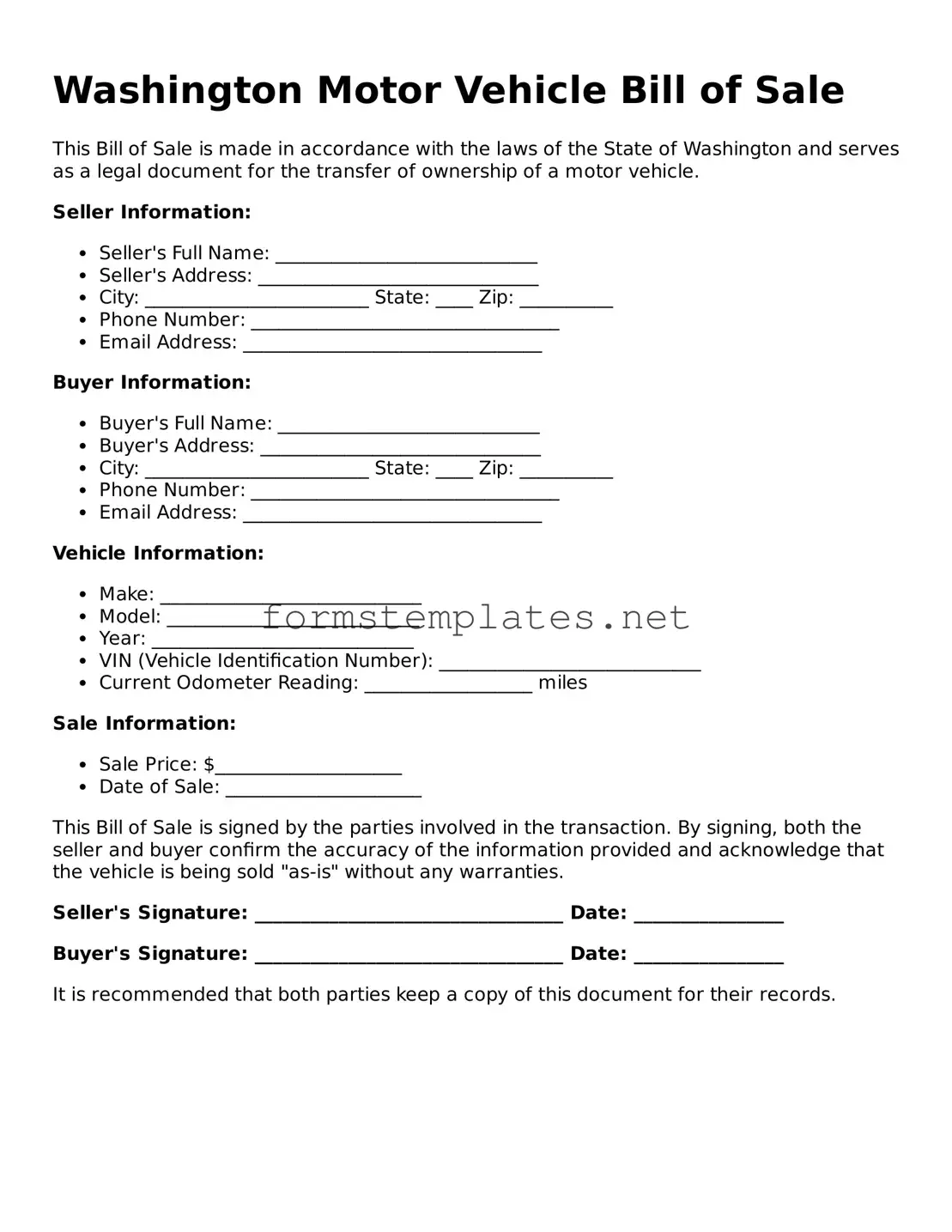 Attorney-Approved Washington Motor Vehicle Bill of Sale Template