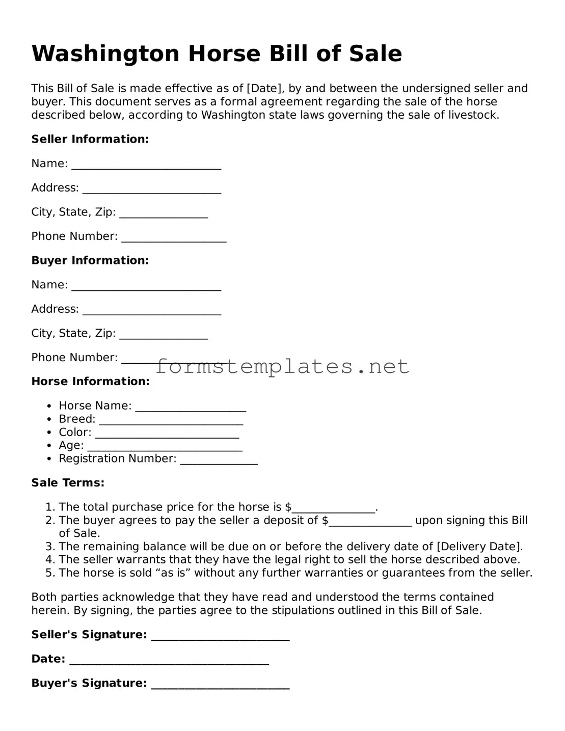 Attorney-Approved Washington Horse Bill of Sale Template