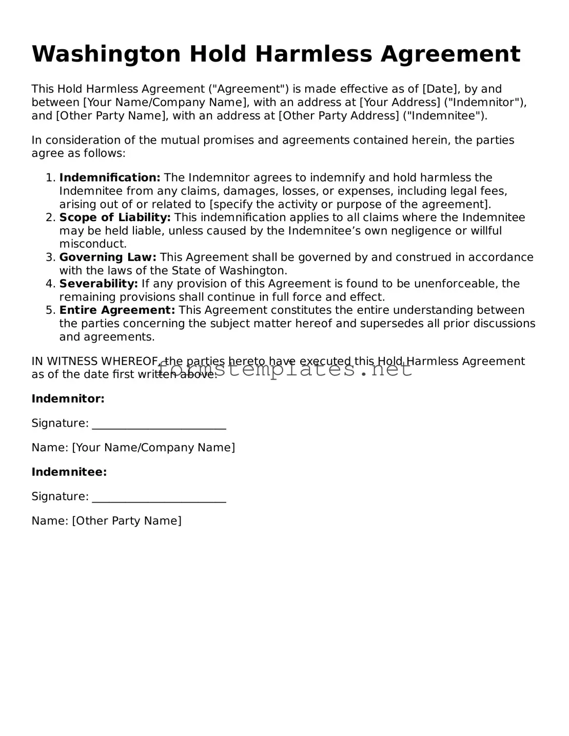 Attorney-Approved Washington Hold Harmless Agreement Template