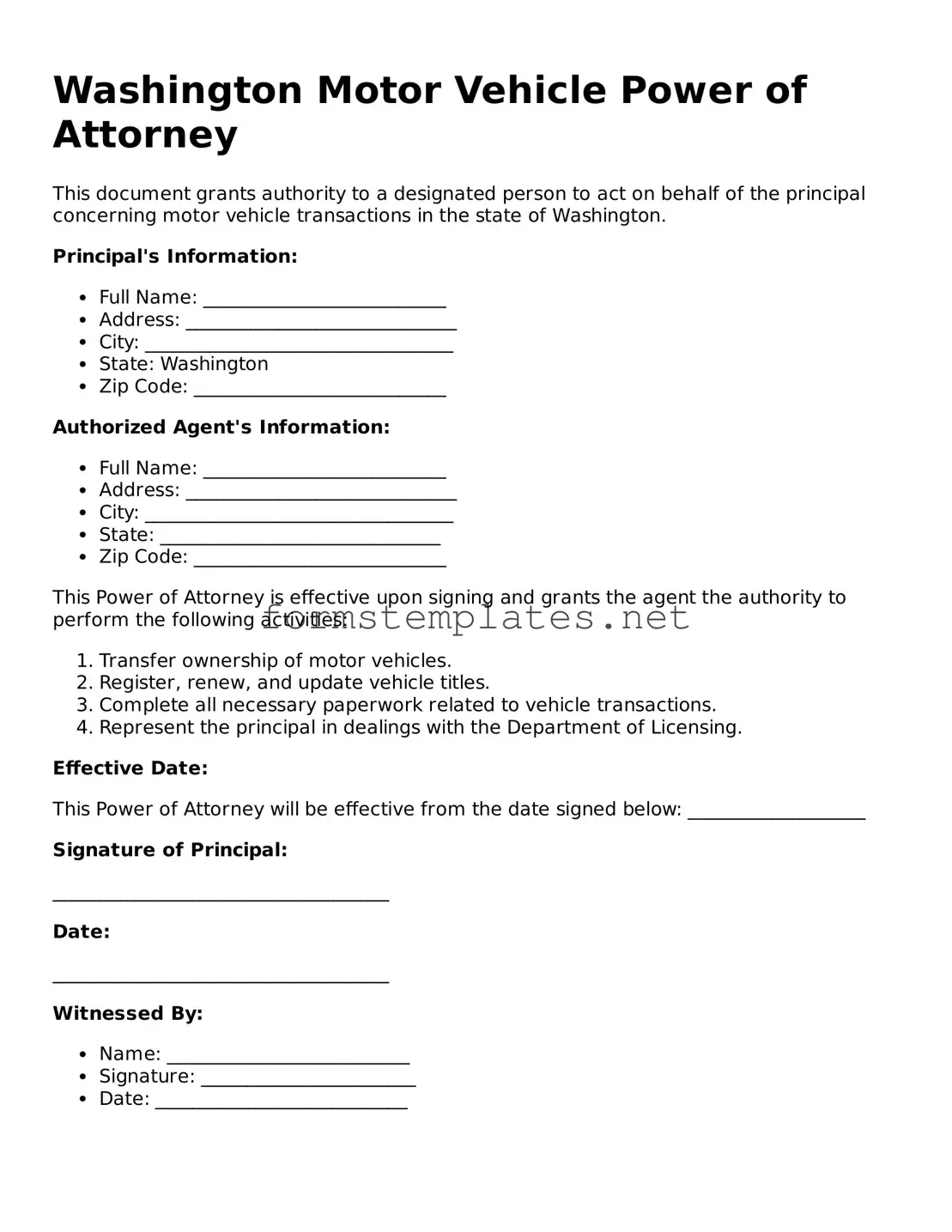 Attorney-Approved Washington Motor Vehicle Power of Attorney Template