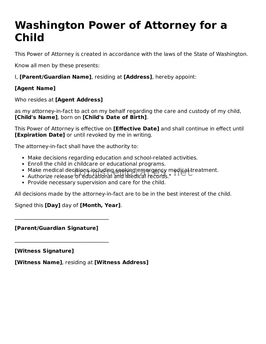 Attorney-Approved Washington Power of Attorney for a Child Template